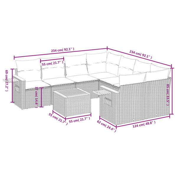 vidaXL Градински комплект диван с възглавници 9 части сив полиратан