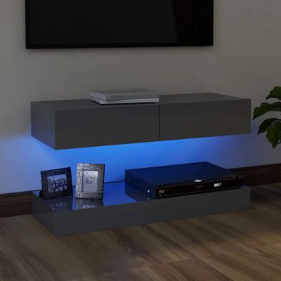 vidaXL ТВ шкаф с LED осветление, сив гланц, 90x35 см