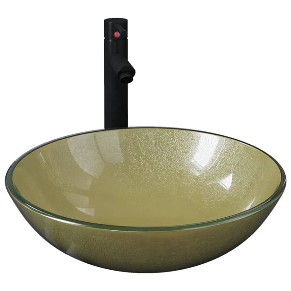 vidaXL Мивка за баня с кран и сифон, златисто закалено стъкло