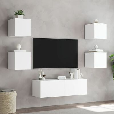 vidaXL ТВ стенни шкафове, 5 части, с LED светлини, бели