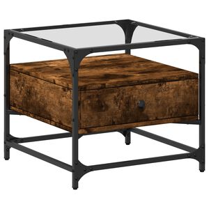 vidaXL Маса за кафе със стъклен плот, опушен дъб, 50x50x45 см, стомана