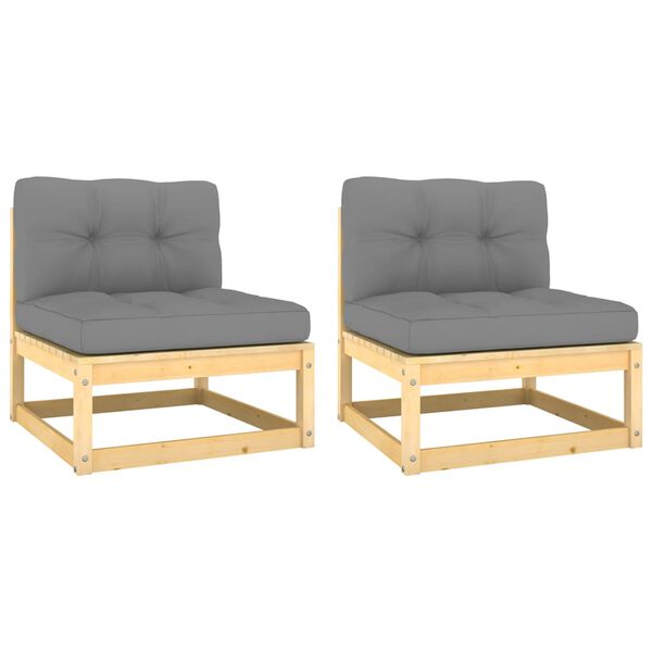 vidaXL Градински средни дивани със сиви възглавници, 2 бр, бор масив