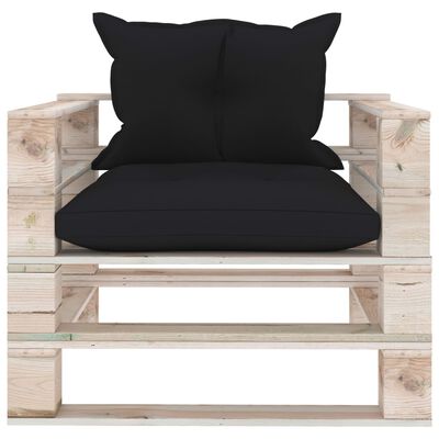 vidaXL Градински палетен фотьойл с черни възглавници, борово дърво