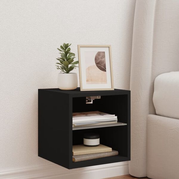 vidaXL Стенен ТВ шкаф с LED осветление, черен, 30x28,5x30 см