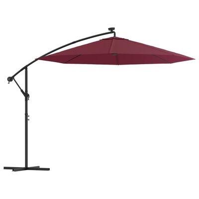 vidaXL Градински чадър с LED осветление стоманен прът виненочервен