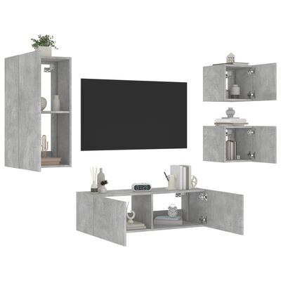 vidaXL ТВ стенни шкафове, 4 части, с LED светлини, бетонно сиви