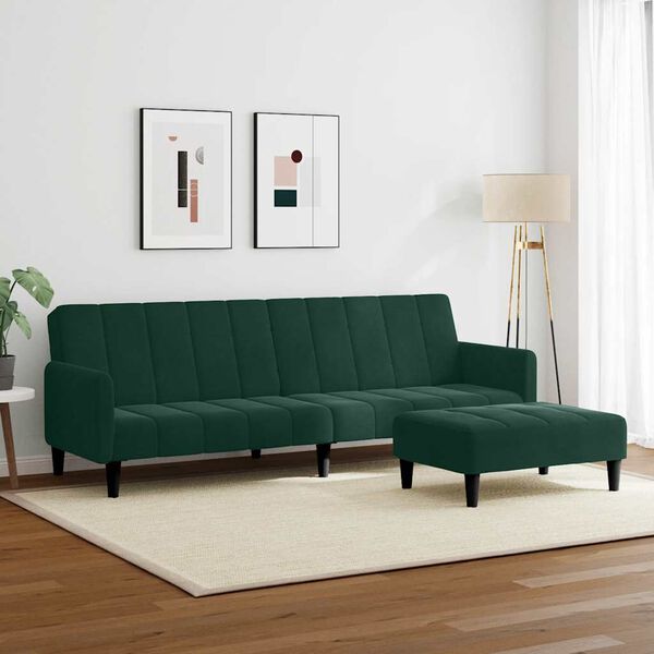 vidaXL 2-местно разтегателно канапе с табуретка, тъмнозелено, кадифе