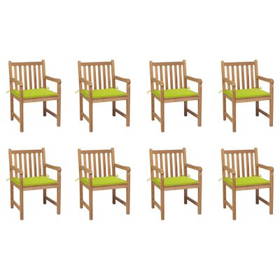 vidaXL Градински столове, 8 бр, с яркозелени възглавници, тик масив