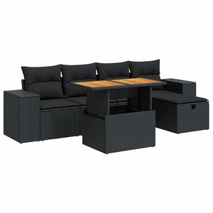 vidaXL Градински диван с възглавници, 6 части, черен полиратан, акация