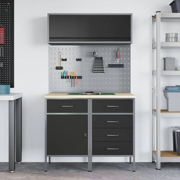 vidaXL Комплект работни шкафове с чекмедже с рафт 5 pcs Черно