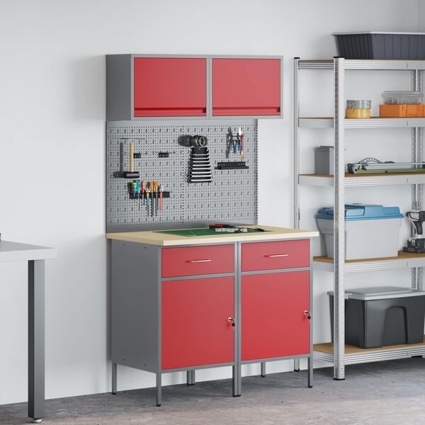 vidaXL Комплект работни шкафове с чекмедже с рафт 6 pcs Червено