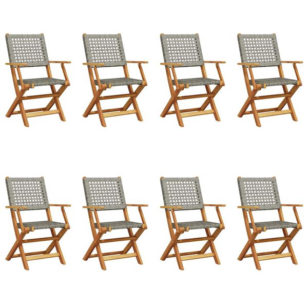 vidaXL Сгъваеми градински столове, 8 бр, сив, полиратан и дърво масив