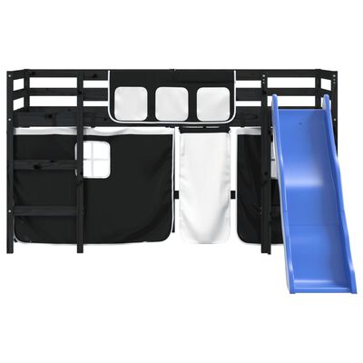 vidaXL Детско високо легло със завеси бяло и черно 80x200 см бор масив