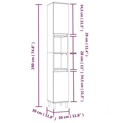 vidaXL Шкаф за баня, бял, 30x30x190 см, инженерно дърво