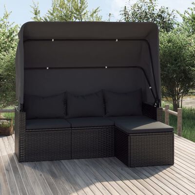 vidaXL 3-местен градински диван с покрив и табуретка черен полиратан