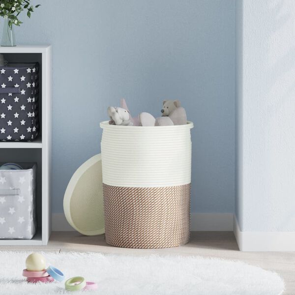 vidaXL Кош за съхранение с капак кафяво и бяло Ø37x50 см памук