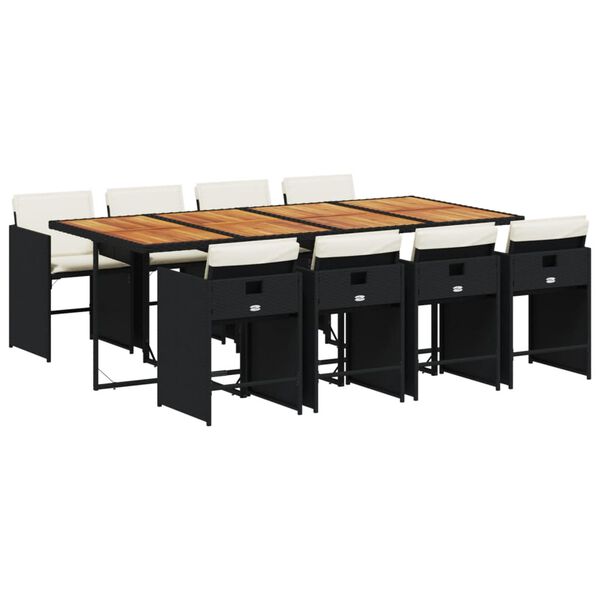 vidaXL Градински трапезен комплект възглавници 9 части черен полиратан