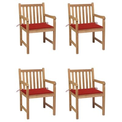 vidaXL Градински столове, 4 бр, червени възглавници, тик масив