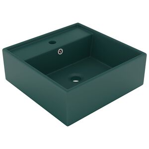vidaXL Мивка с преливник лукс квадрат тъмнозелен мат 41x41 см керамика