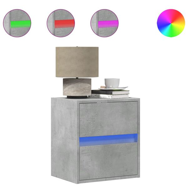 vidaXL Нощно шкафче за стена с LED осветление, бетонно сиво