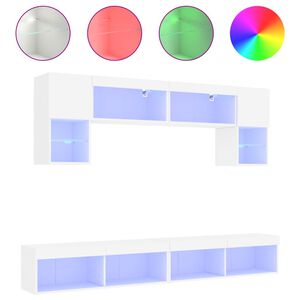 vidaXL ТВ стенни модули с LED, 6 части, бели, инженерно дърво