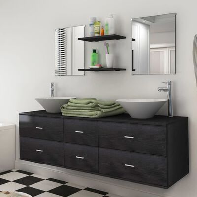 vidaXL Комплект мебели за баня от девет части с мивка и смесител черен