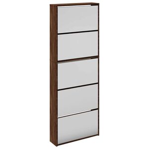 vidaXL Шкаф за обувки с огледало, 5 нива, кафяв дъб, 63x17x169,5 см