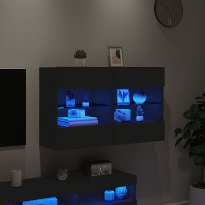 vidaXL Стенен ТВ шкаф с LED осветление, черен, 98,5x30x60,5 см