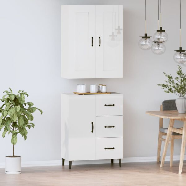 vidaXL Висок шкаф, бял гланц, инженерно дърво