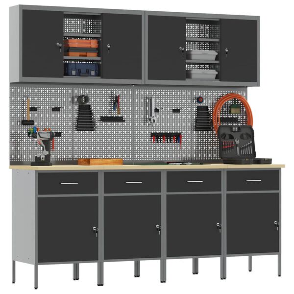 vidaXL Работен кабинет 10 pcs Черно Инженерна дървесина и стомана