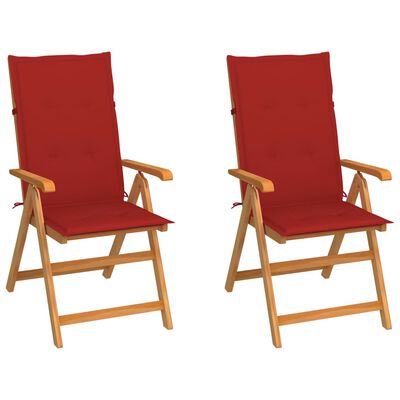 vidaXL Градински столове 2 бр червени възглавници тиково дърво масив