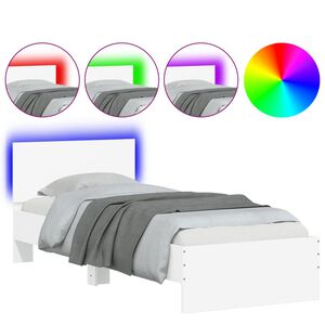 vidaXL Рамка за легло с табла и LED осветление, бяла, 90x200 см