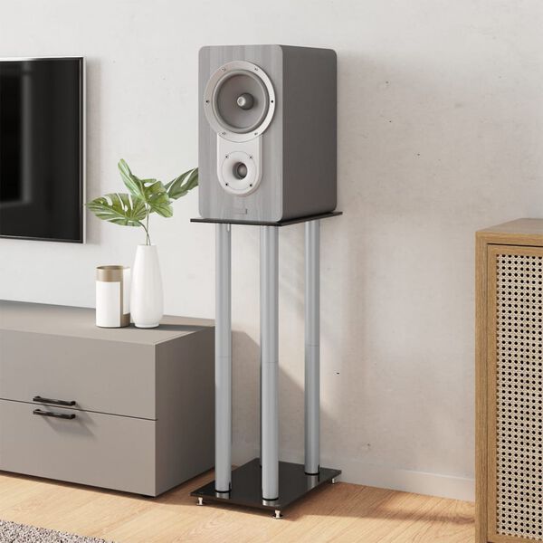 vidaXL Стойки за тонколони 2 бр черно/сребро закалено стъкло 4 стълба