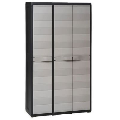 vidaXL Градински шкаф за съхранение с 4 рафта, черно и сиво