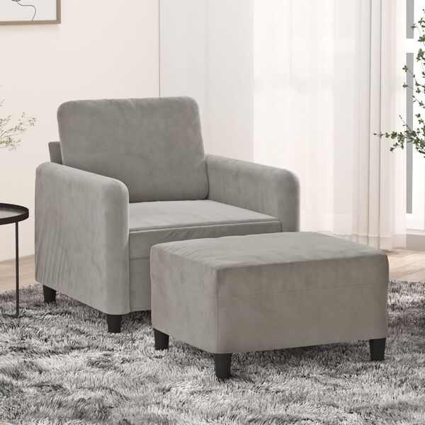 vidaXL Кресло с табуретка, светлосиво, 60 см, кадифе