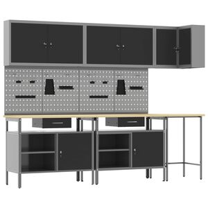 vidaXL Комплект работни шкафове с чекмедже с рафт 10 pcs Черен и Сив