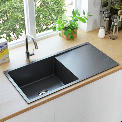 vidaXL Ръчно изработена кухненска мивка, черна, неръждаема стомана