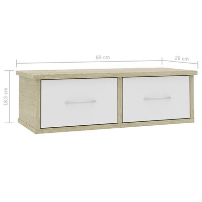 vidaXL Стенен рафт с чекмеджета, бяло и дъб сонома, 60x26x18,5 см, ПДЧ
