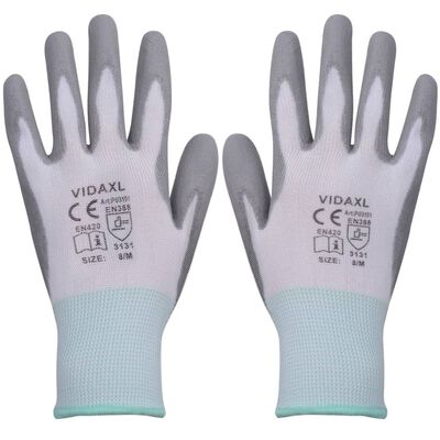 vidaXL Работни ръкавици, PU, 24 чифта, бяло и сиво, размер 8/M