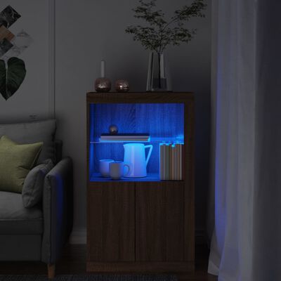 vidaXL Страничен шкаф с LED осветление, кафяв дъб, инженерно дърво