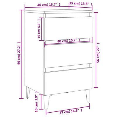 vidaXL Нощно шкафче с метални крака, бяло, 40x35x69 см