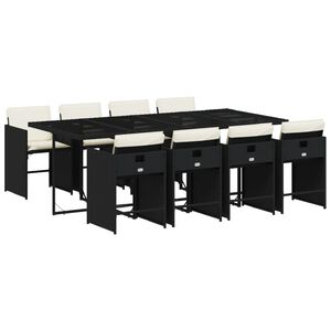 vidaXL Градински трапезен комплект възглавници 9 части черен полиратан