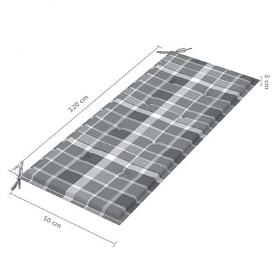 vidaXL Градинска пейка с възглавница на сиво каре, 120 см, тик масив