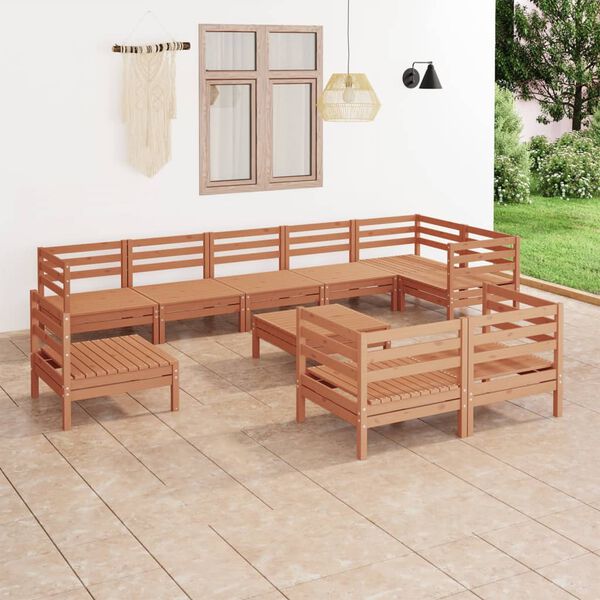 vidaXL Градински лаундж комплект от 10 части, бор масив, меденокафяв