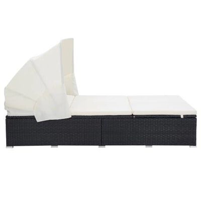 vidaXL 2-местно легло за открито с възглавница, черен полиратан