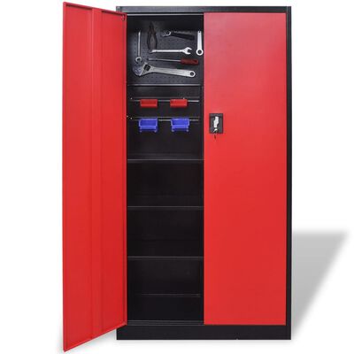 Метален шкаф за инструменти, 180 см, черно-червен