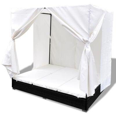 vidaXL Градинско лаундж легло със завеси, полиратан, черно
