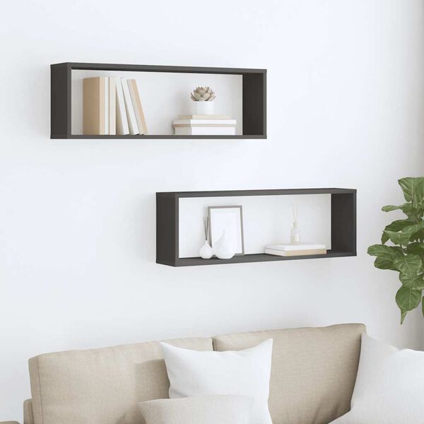 vidaXL Стенни кубични рафтове 2 бр, сиви, 80x15x26,5см инженерно дърво