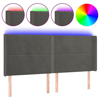 vidaXL LED горна табла за легло, тъмносива, 203x16x118/128 см, кадифе