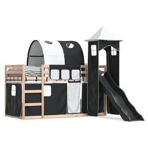 vidaXL Двуетажно легло с пързалка и завеси, бяло и черно, 80x200 см